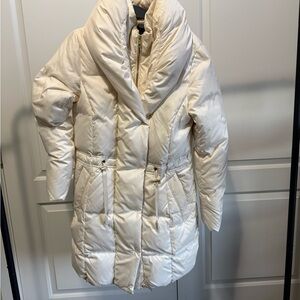 Cole Haan Ivory Hooded Puffer Coat – Size Small – Cinched Waist